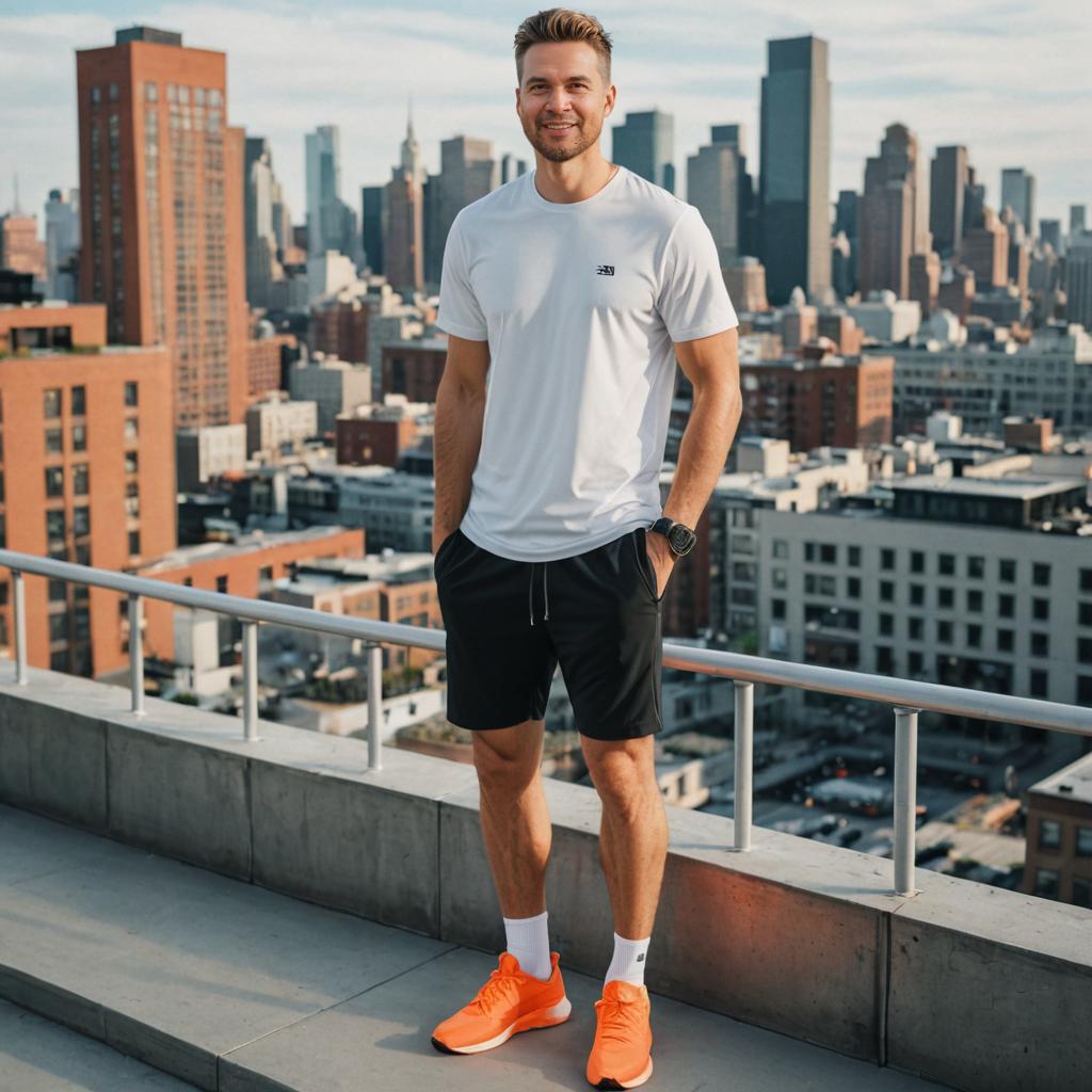 Confident Man on Rooftop with City Skyline