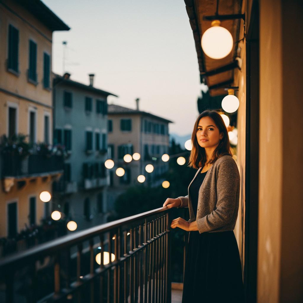 Young Woman on Balcony at Dusk with Warm Street Lamps in European Town