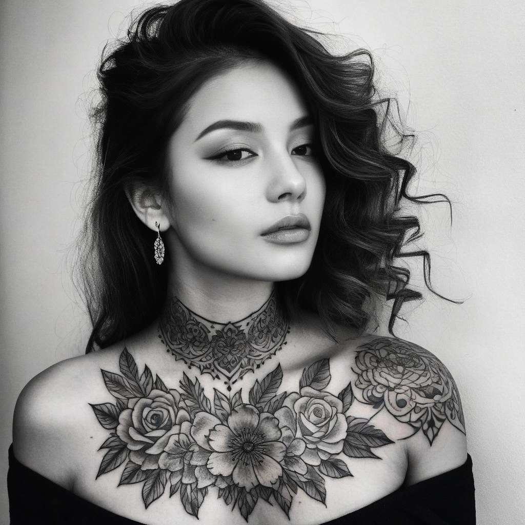 Confident Woman with Floral Tattoos in Black and White Portrait