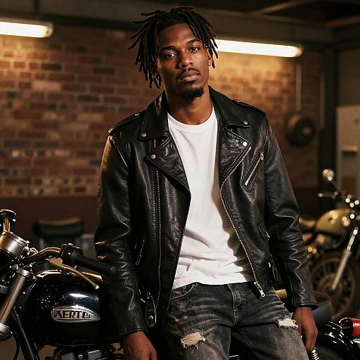 Gen Z Man in Leather Jacket with Vintage Motorcycle Urban Style