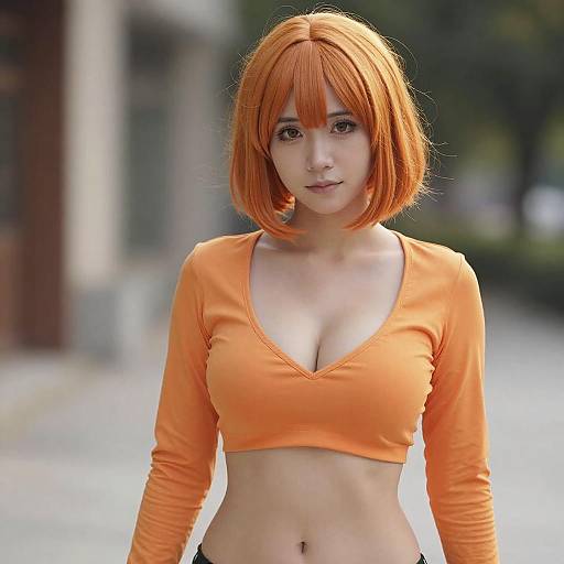 Young Woman in Orange Crop Top with Short Orange Hair Outdoor Portrait
