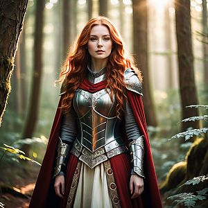 Woman in Silver Armor with Red Cape in Forest