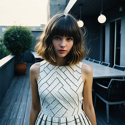 Young Woman in Geometric Dress on Modern Balcony Patio