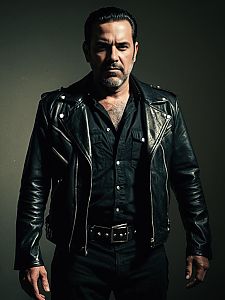 Man in Negan Costume with Leather Jacket and Harsh Shadows Waist-Up Editorial Photo
