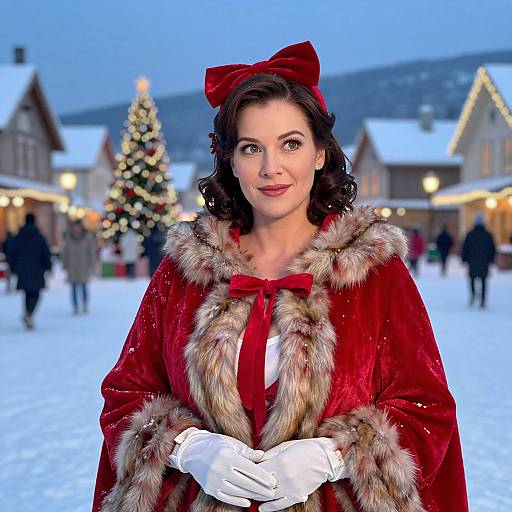 Vintage Style Woman in Red Velvet Christmas Cloak in Snowy Holiday Village