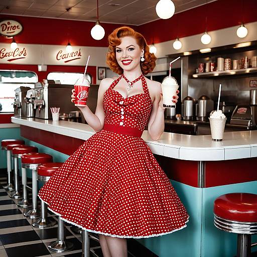 Vintage 1950s Diner Woman in Red Polka Dot Dress Holding Milkshakes