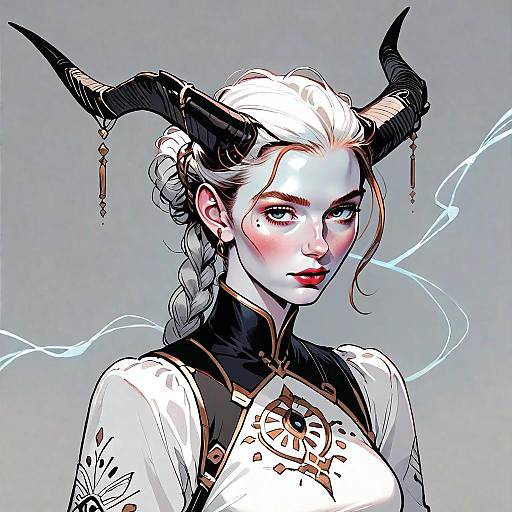 Fantasy Portrait of Woman with Horns and Mystical Eye Emblem