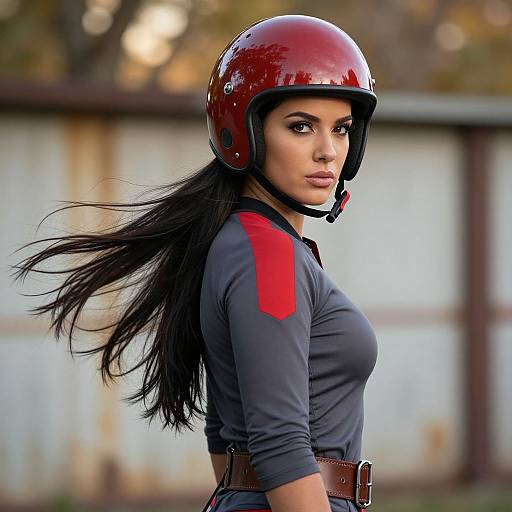 Stylish Woman Wearing Red Helmet and Gray Shirt Outdoor Portrait