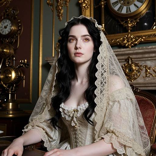 Victorian Style Woman in Vintage Lace Dress with Antique Clocks