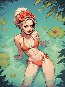 Digital Art of Woman in Orange Bikini in Serene Pond with Lily Pads