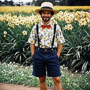 Man in Floral Shirt in Flower Field