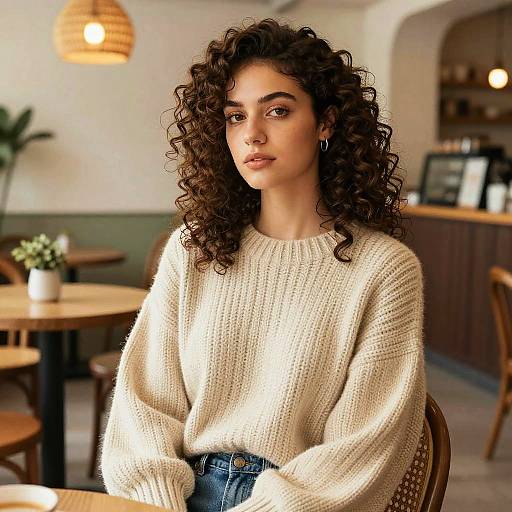Gen Z Woman in Cozy Sweater Sitting in Café
