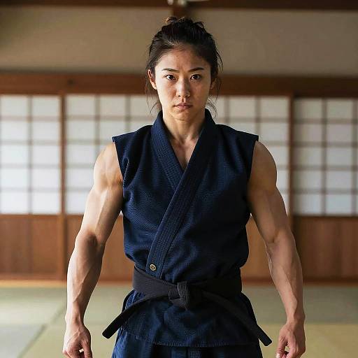 Strong Woman Martial Artist in Traditional Gi with Black Belt in Dojo