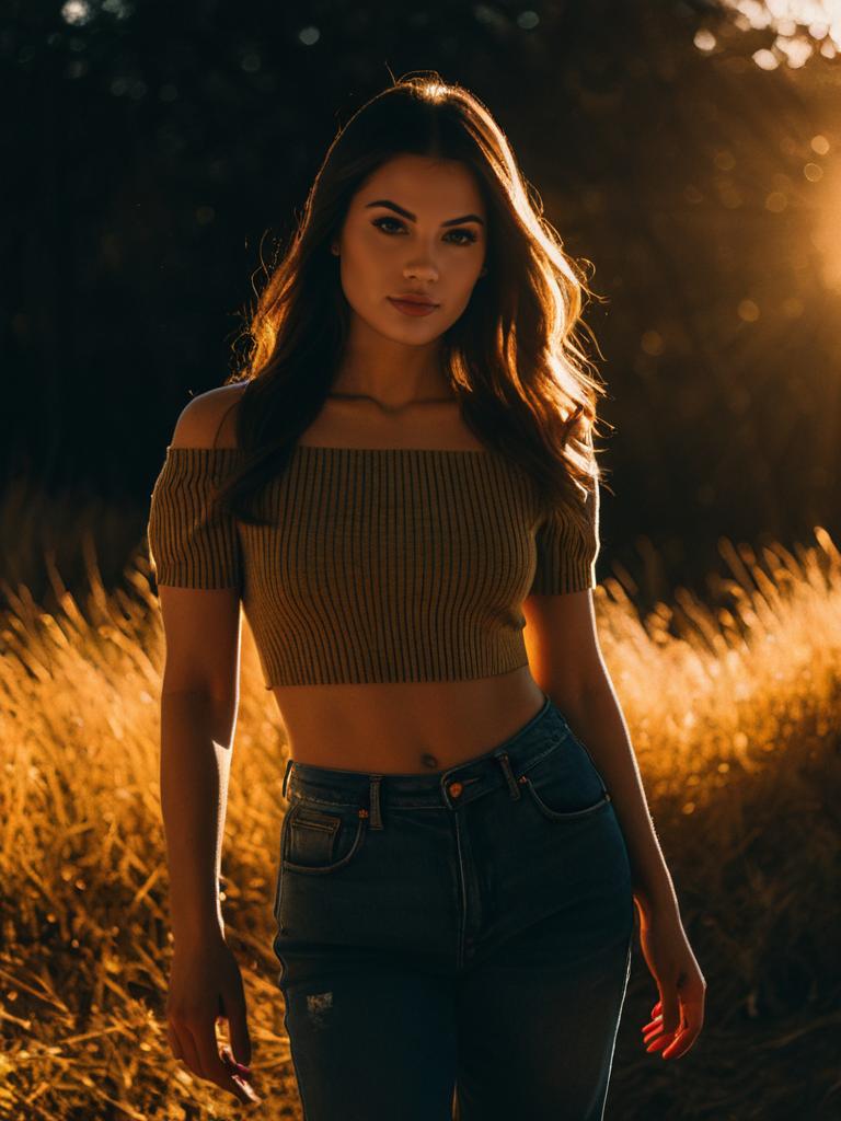 Woman in Casual Black Off-The-Shoulder Crop Top with High-Waisted Jeans in Golden Hour Light