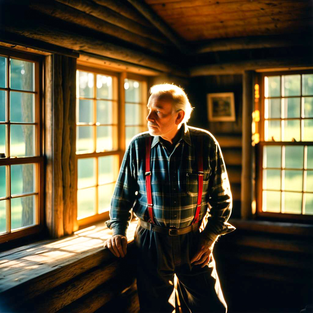 Contemplative Older Man by Sunlit Cabin Window