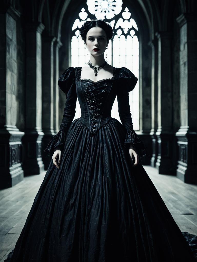 Woman in Gothic Gown Cinematic Realism Moody Editorial Fashion Shot
