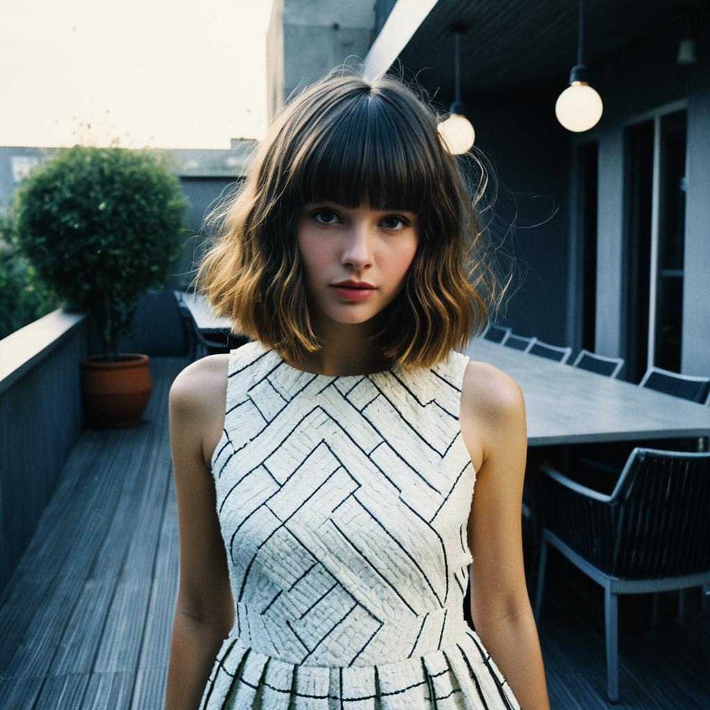 Young Woman in Geometric Dress on Modern Balcony Patio