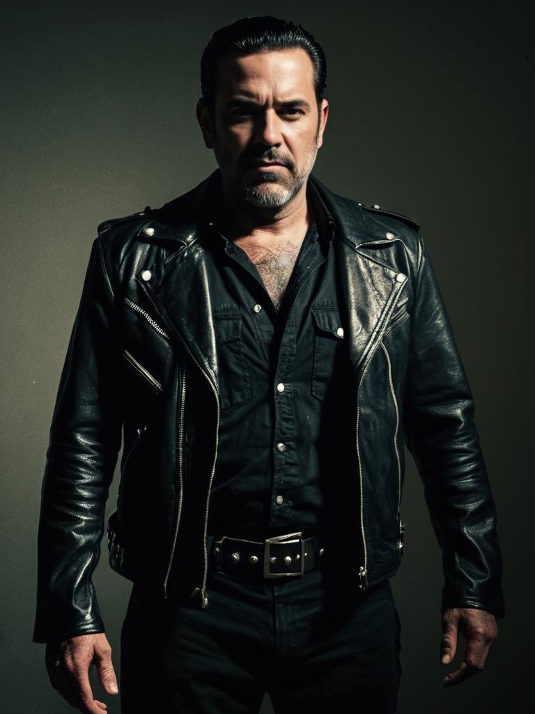 Man in Negan Costume with Leather Jacket and Harsh Shadows Waist-Up Editorial Photo
