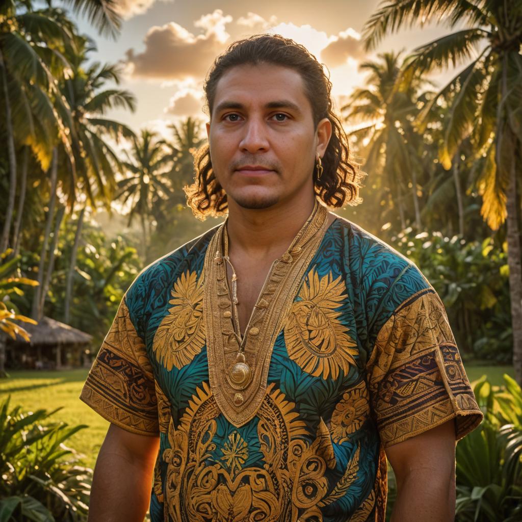 Man in Polynesian Shirt at Tropical Sunset