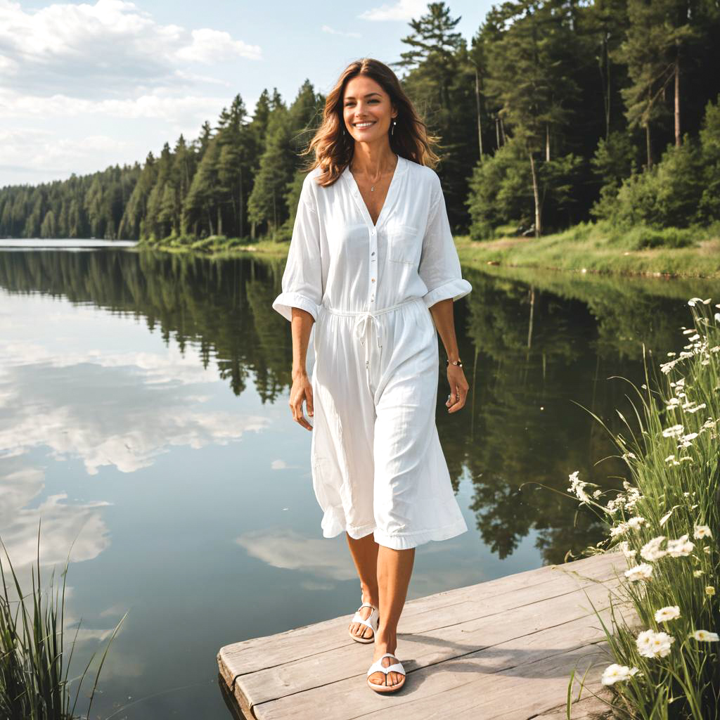 Woman in White Dress Walking by Tranquil Lake