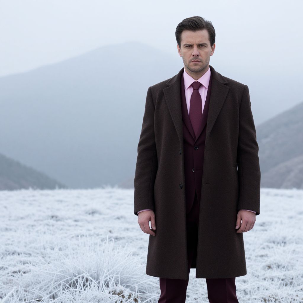 Man in Brown Overcoat and Burgundy Suit in Frosty Mountain Landscape