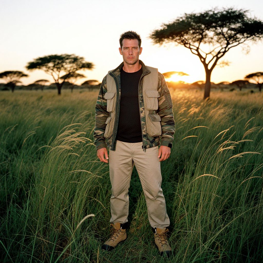 Man in Camouflage Jacket Standing in African Savannah at Sunset