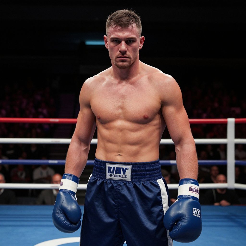 Male Boxer in Blue Gloves and Shorts Standing Confidently in Boxing Ring