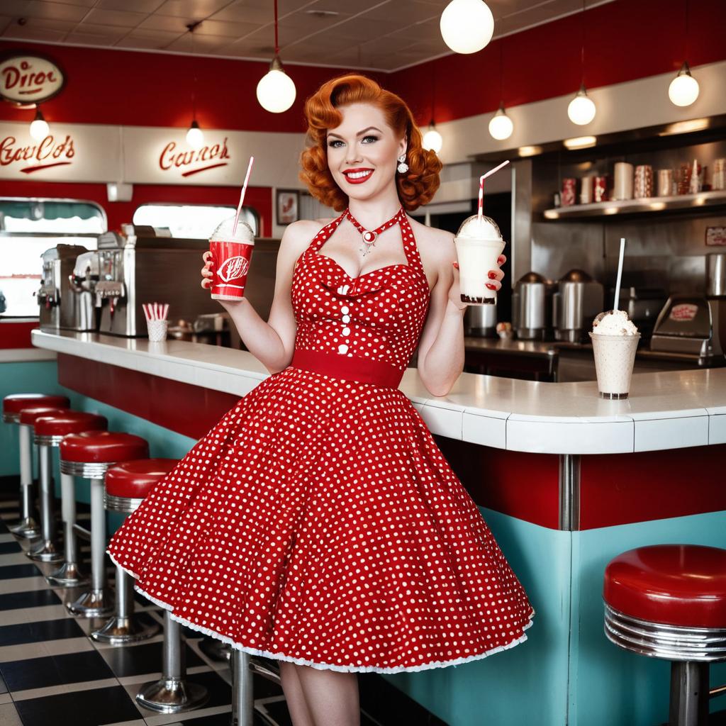 Vintage 1950s Diner Woman in Red Polka Dot Dress Holding Milkshakes