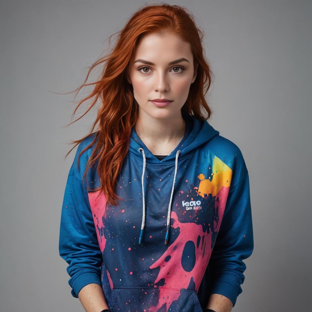 Young Woman in Blue Hoodie with Paint Splatter