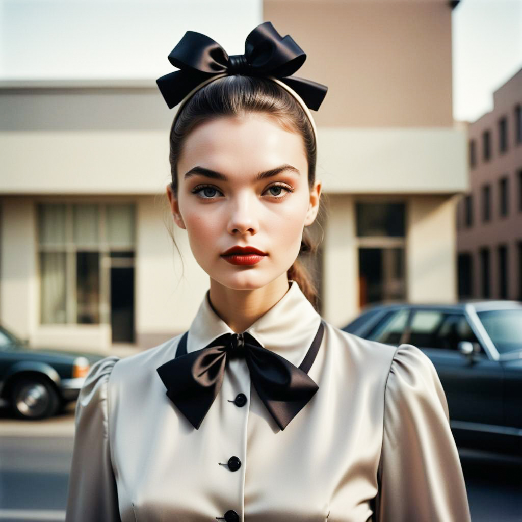 Elegant Young Woman in Chic Outfit with Bow