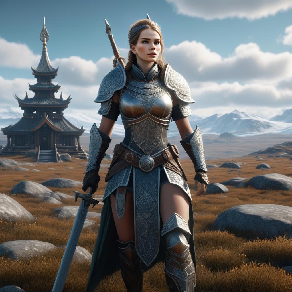 Female Warrior in Detailed Silver Armor by Pagoda in Fantasy Landscape