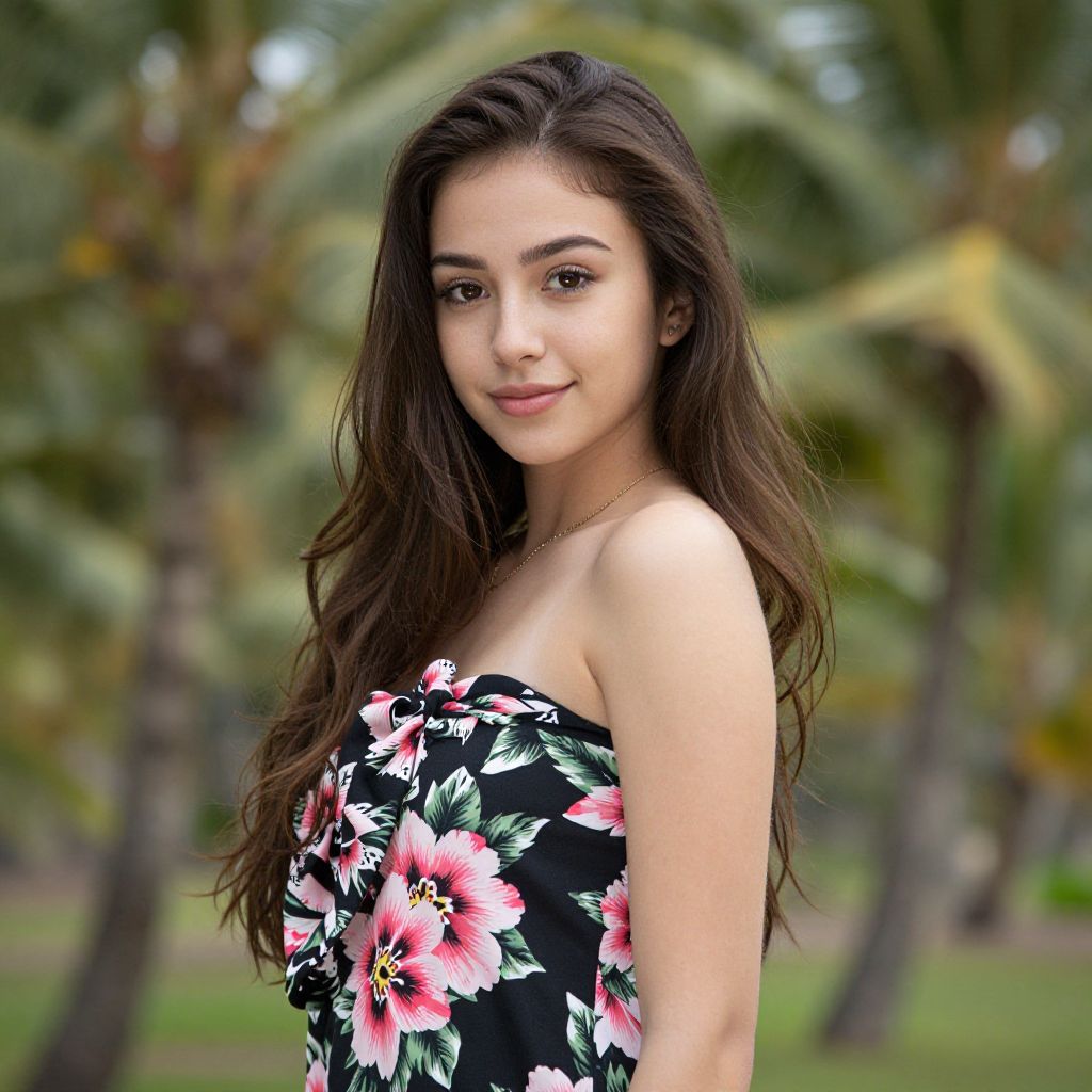 Young Woman in Floral Dress Outdoors Tropical Setting