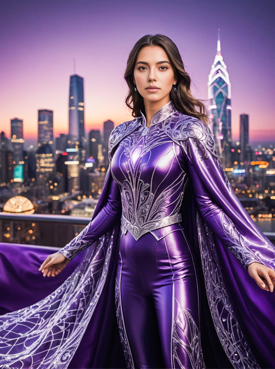 Woman in Purple Costume Against City Skyline