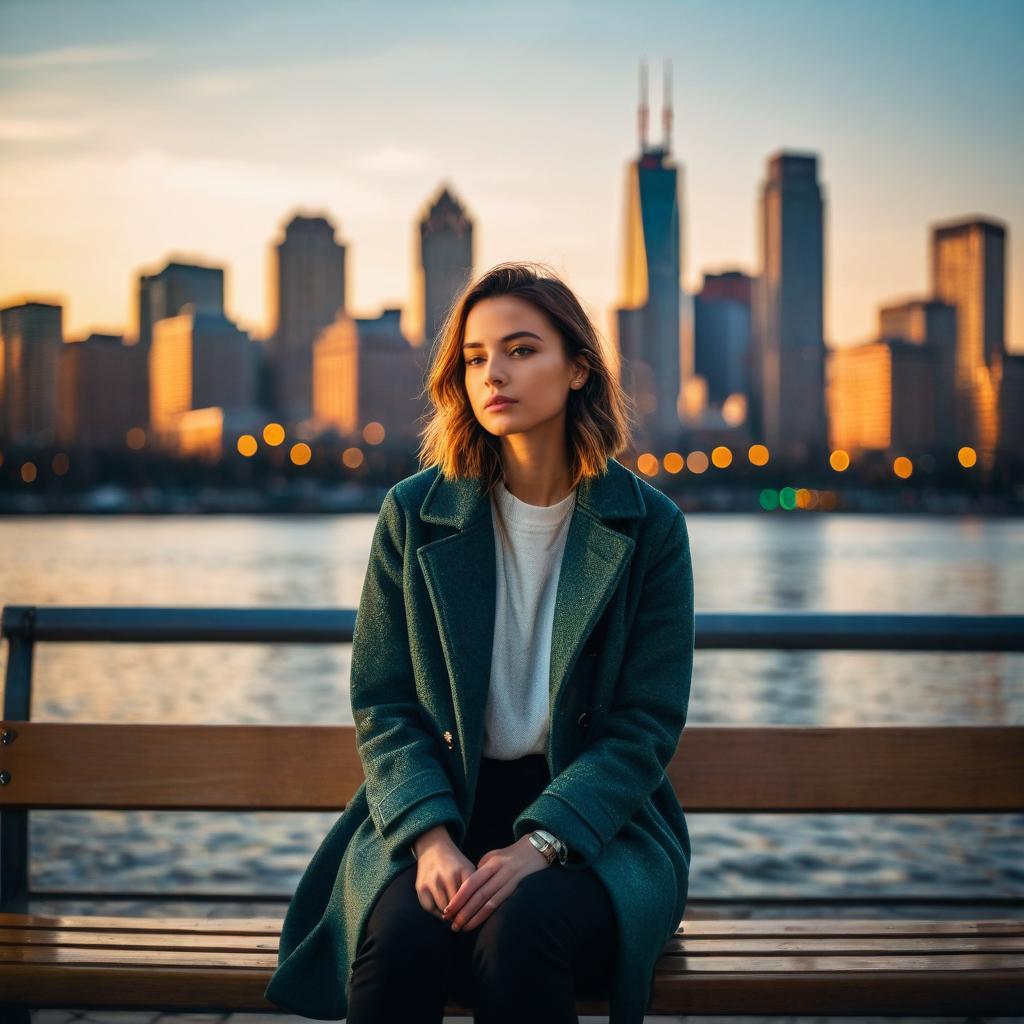 Young Woman Sitting on Waterfront Bench with City Skyline at Sunset