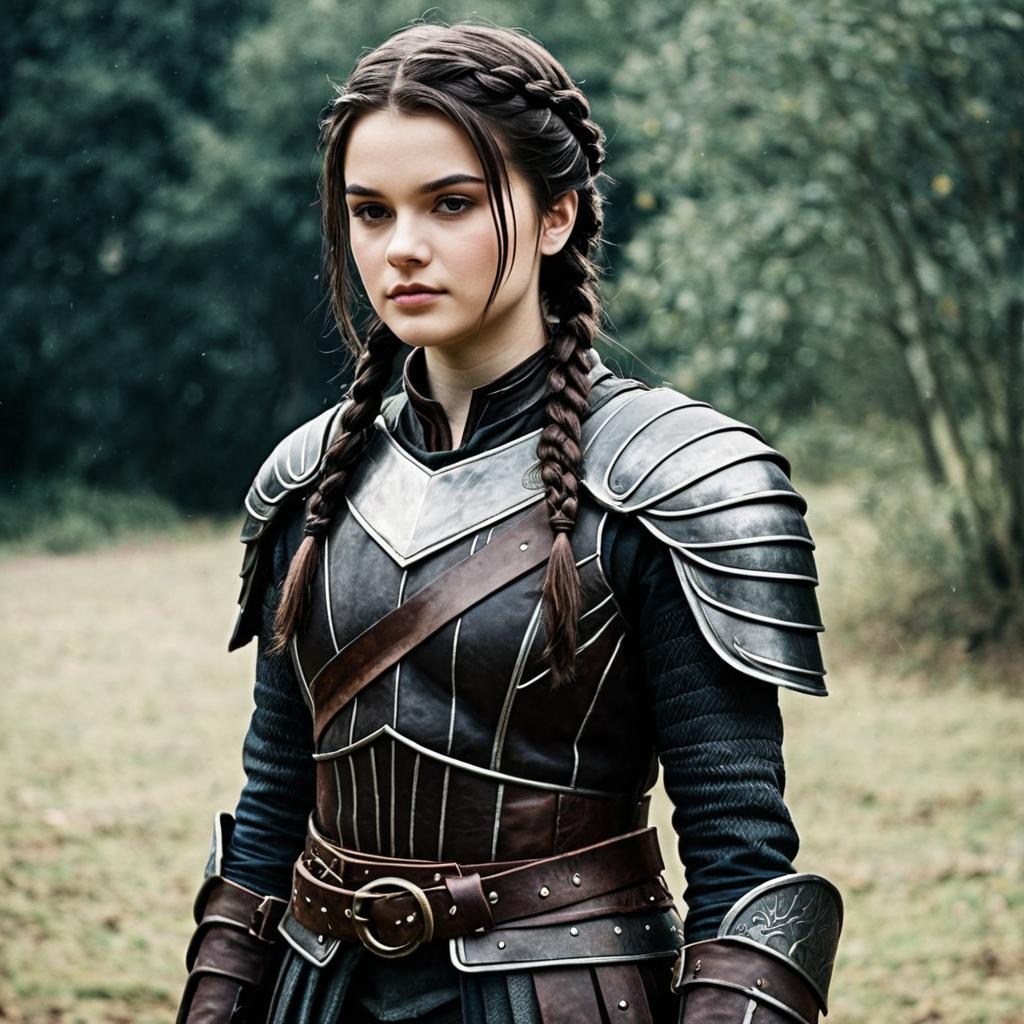 Young Woman in Realistic Medieval Armor with Braided Hair Outdoors
