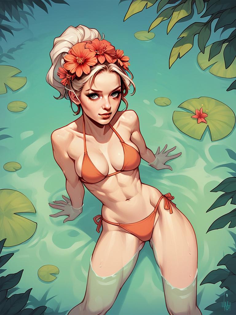 Digital Art of Woman in Orange Bikini in Serene Pond with Lily Pads