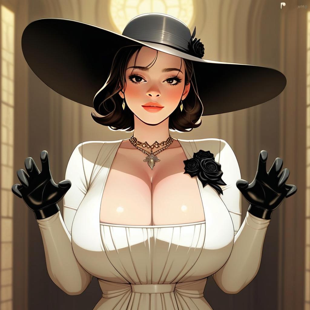Stylish Woman in Large Black Hat and White Dress Anime Illustration