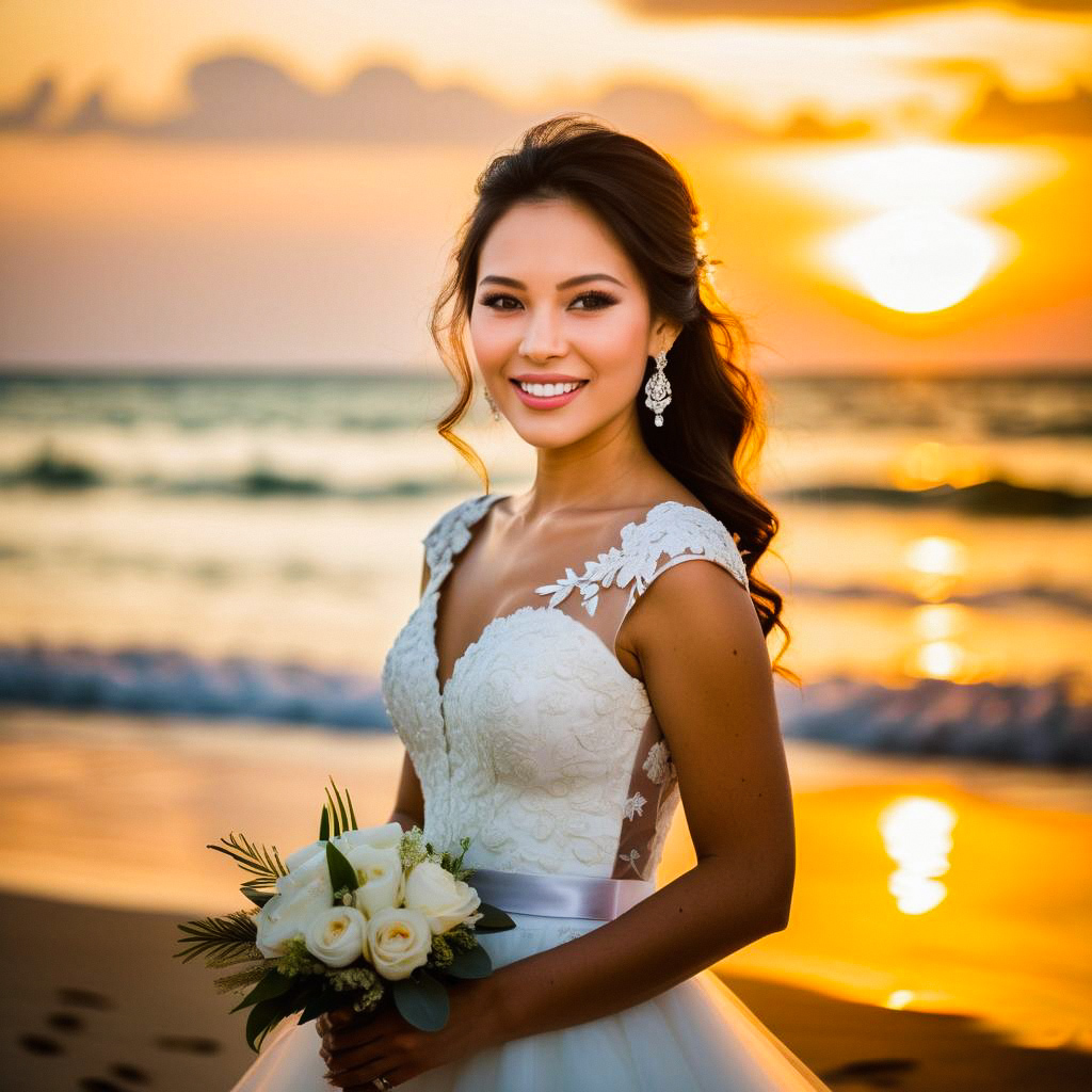 Woman in Lace Wedding Gown on Beach at Sunset