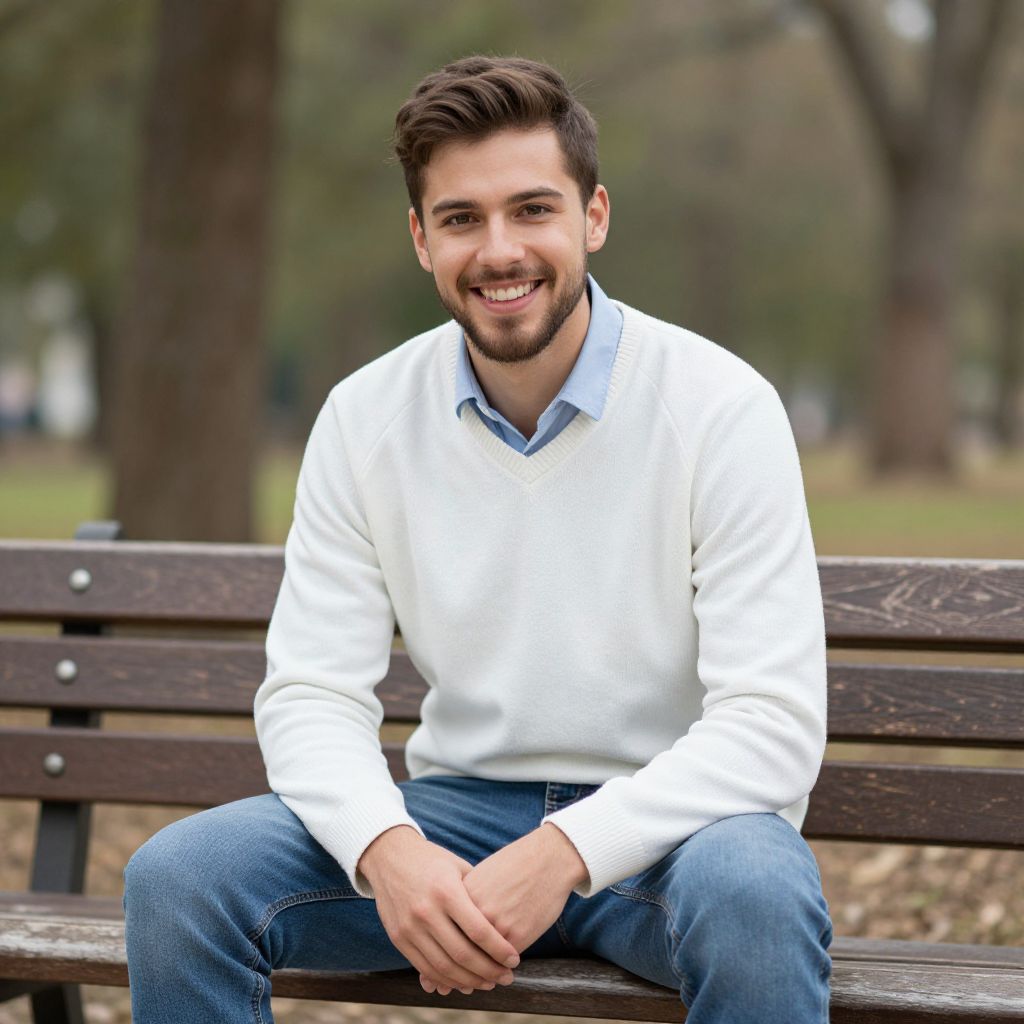 Smiling Young Man Sitting on Park Bench in Casual White Sweater