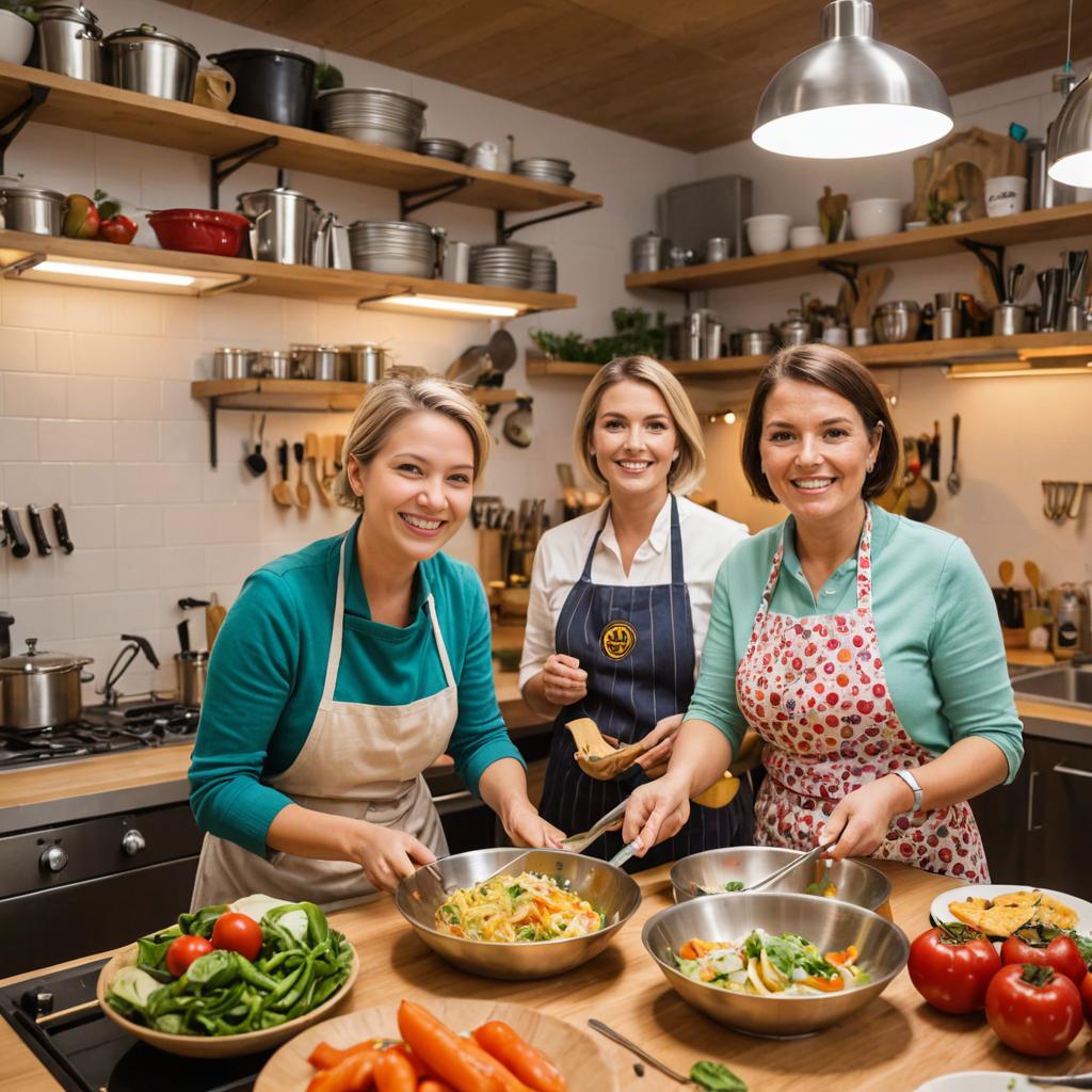 Three Women Joyfully Cooking in a Well-Equipped Kitchen