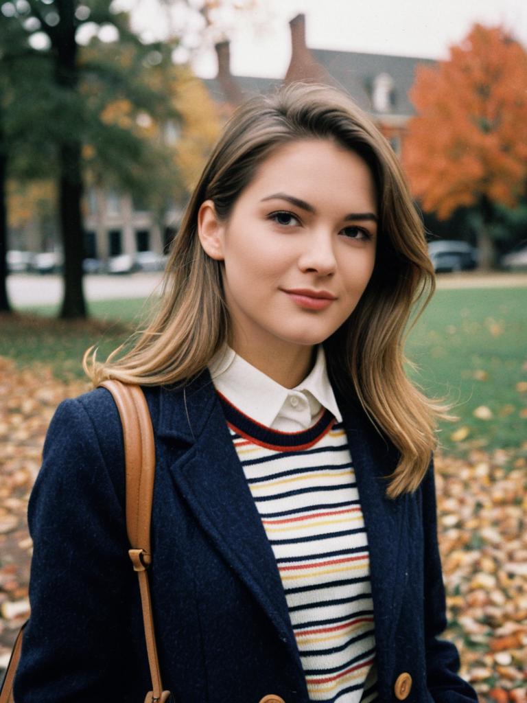 Woman in Preppy Fall Outfit Candid Fashion Portrait with Natural Look