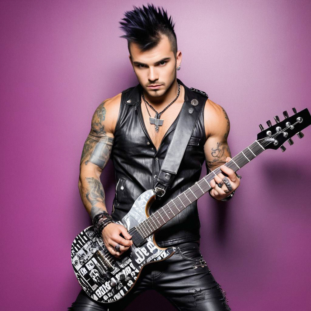 Confident Male Guitarist in Purple