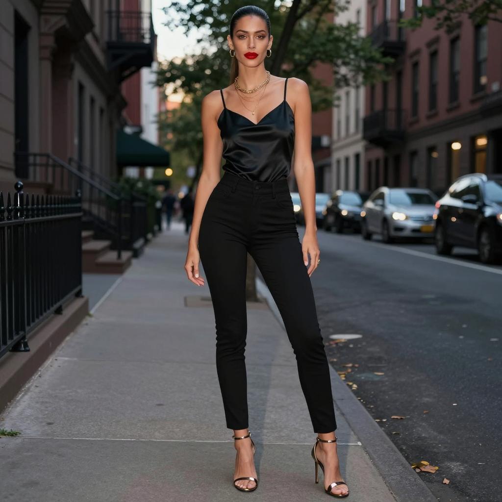 Stylish Woman in Black Satin Camisole and High-Waisted Pants on Urban Street