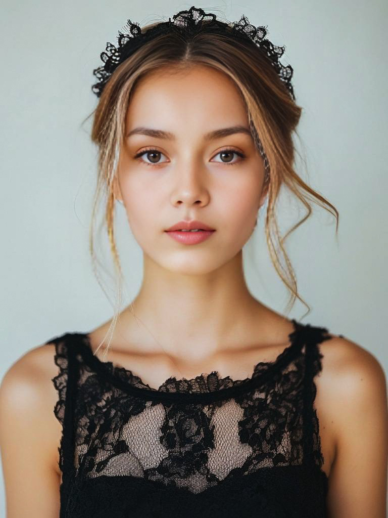 Elegant Woman with Black Lace Headpiece