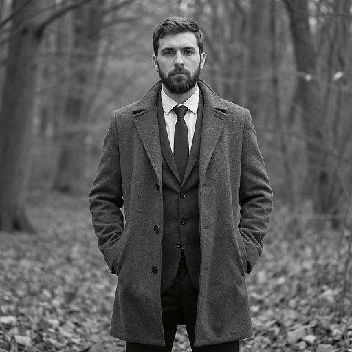 Man in Formal Suit and Overcoat Standing in Forest Black and White