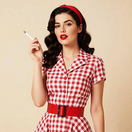 Vintage 1950s Pin-Up Woman in Red Gingham Dress Holding Cigarette