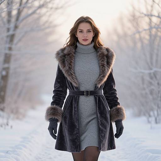 Woman in Stylish Fur-Trimmed Coat Walking on Snowy Winter Path