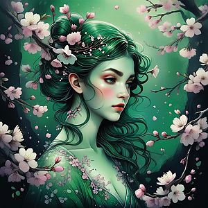 Digital Portrait of Woman with Green Hair and Cherry Blossoms