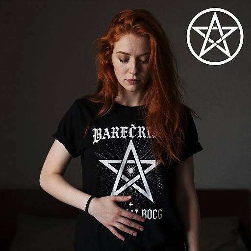 Red-Haired Woman Wearing Pentagram Black T-Shirt with Gothic Design