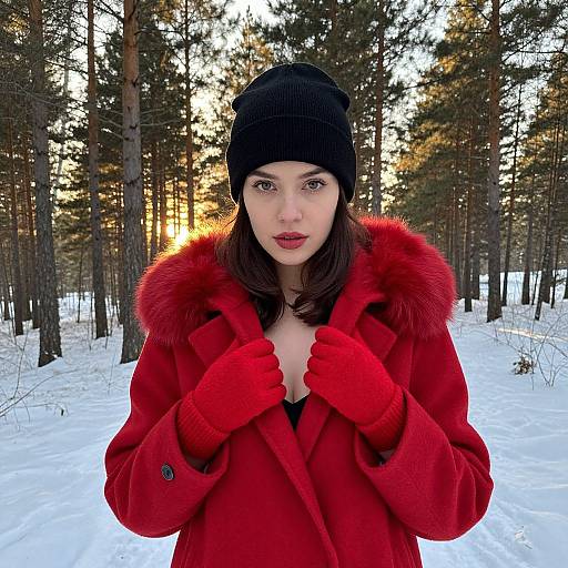 Winter Portrait of Woman in Red Coat and Black Beanie in Snowy Forest